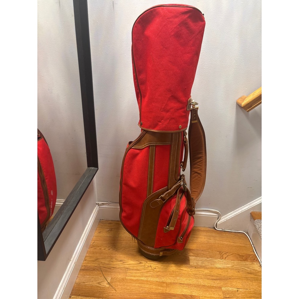 Daiwa Golf Bag Vintage Red Canvas Brown‎ Trim Cart Bag with Rain Hood Good